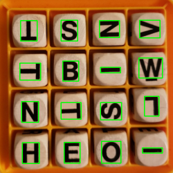 Boggle grid with green rectangles around the letters